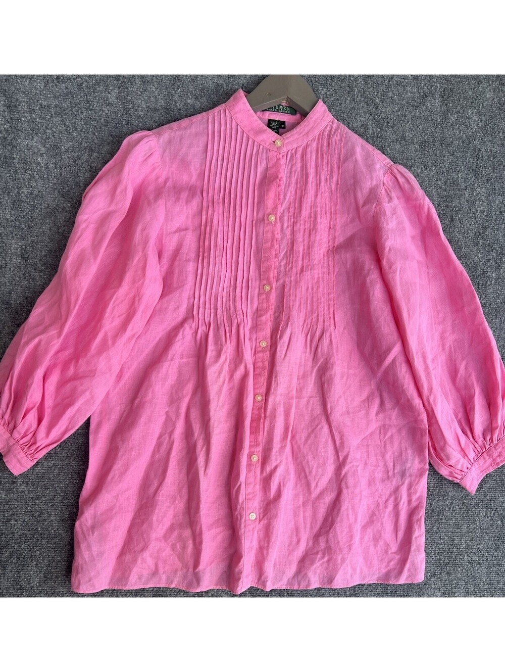 Lauren Ralph Lauren Pink Women’s M 100% linen 3/4 Sleeve Blouse Mandarin Collar.